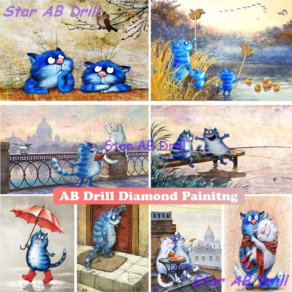 

Cartoon Blue White Cat Diamond Painting Romantic Love Animal Art 5d Diy AB Drill Mosaic Cross Stitch Kit Home Decor Crafts Gifts