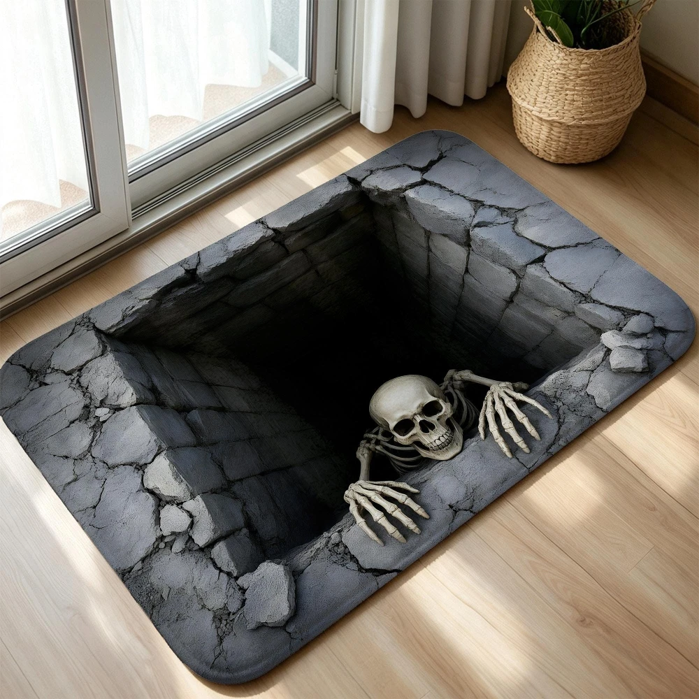 Scary Skull Welcome Rug 3D Optical Illusion Skeleton Doormat Gothic Stone Pit Area Rug Floor Mat Laundry Room Garage Door Mat