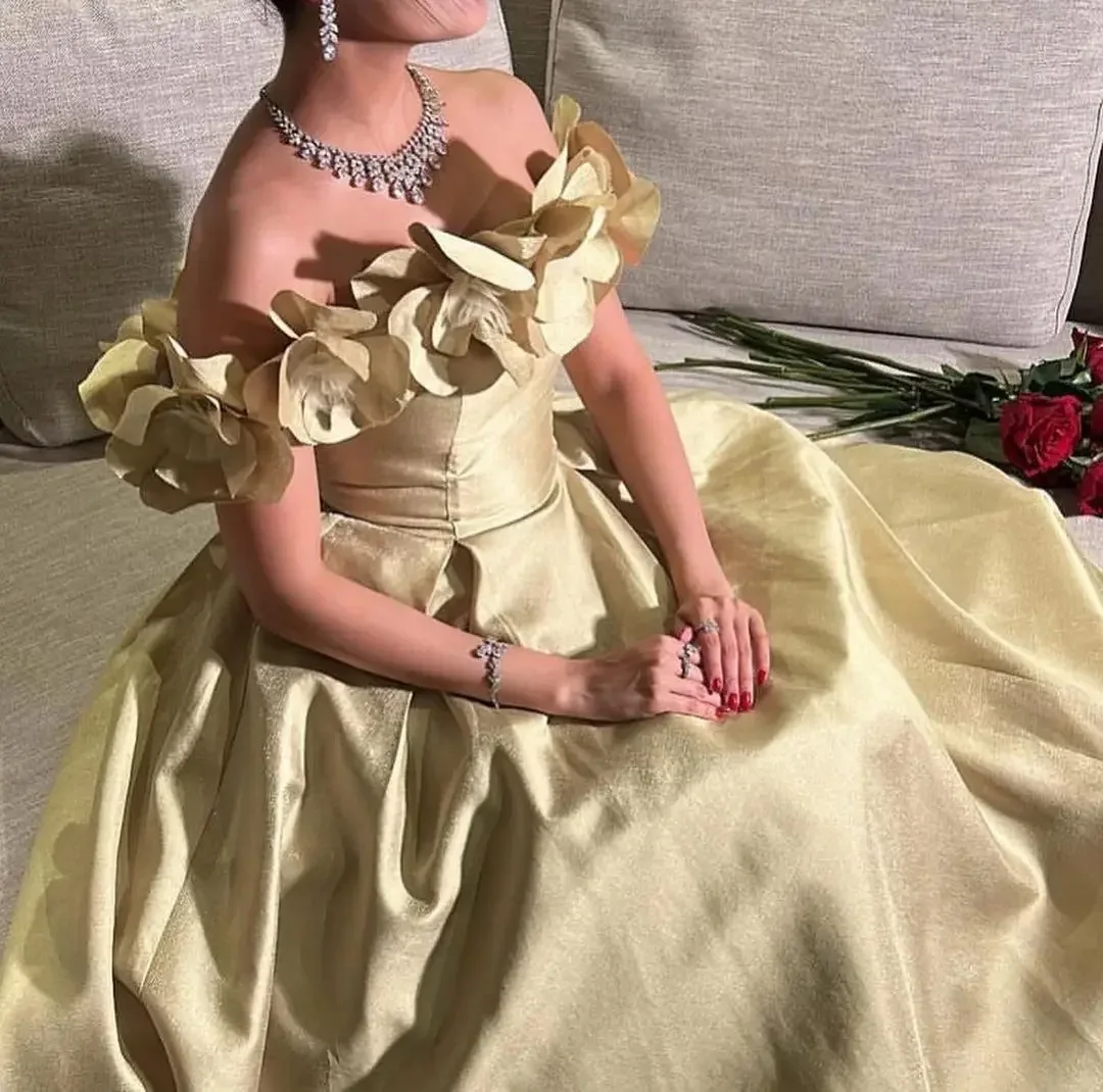 ปิดไหล่เจ้าหญิงชุดราตรียาวชุดจีบAppliqueชุดราตรีVestidos De Fiesta Elegantes