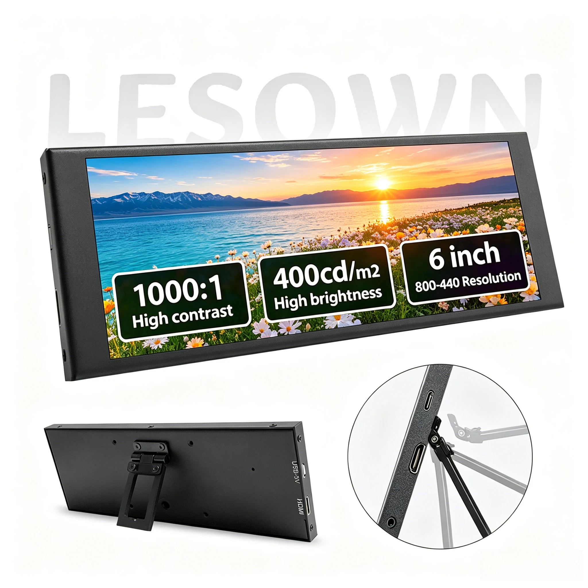 LESOWN Aluminum 6.9' 480x1280 Stretched Display Matte Black PC Hardware Monitor MiniHDMI Second Screen for AIDA64 Case Setup