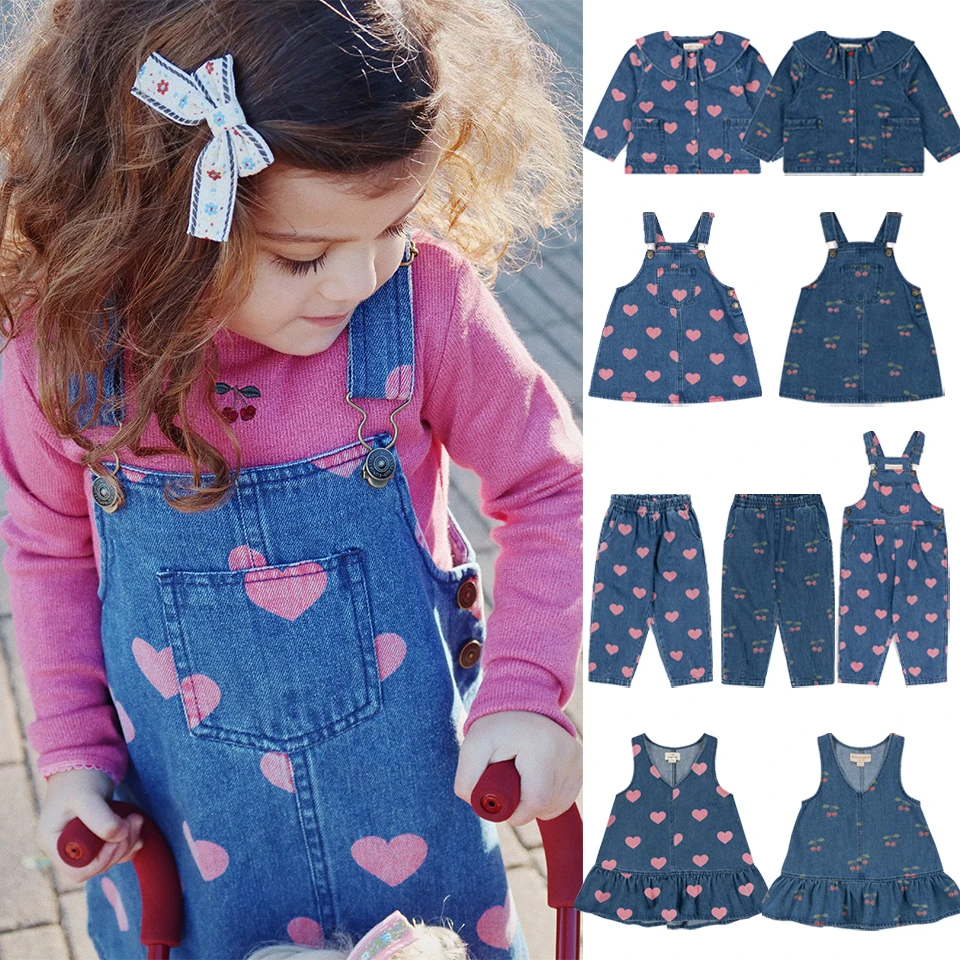 Children Clothes Set 2024 KS Girls Heart Print Dress Kids Jeans Braces Jacket Toddler Denim Sling Dresses Girl Overalls Pants