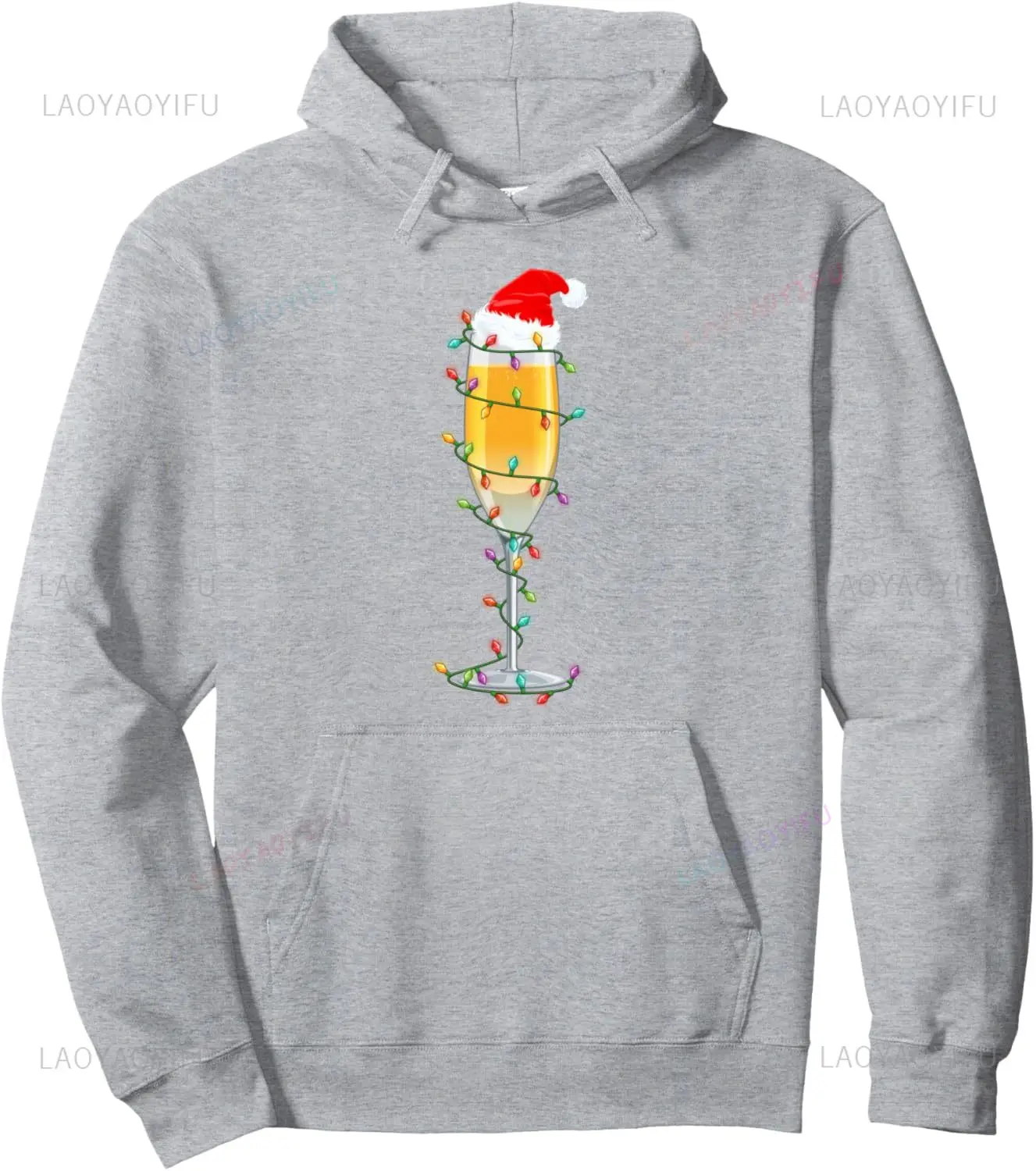 Glass of Champagne Santa Hat Xmas Lights Merry Christmas PJS Pullover Hoodie Casual  Funny Tops Customizable Sweatshirt