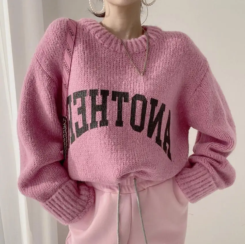 New Autumn/Winter Fashion Long Sleeve Loose Round Neck Letter Knitted Solid Color Sweater For Women,5 Colors