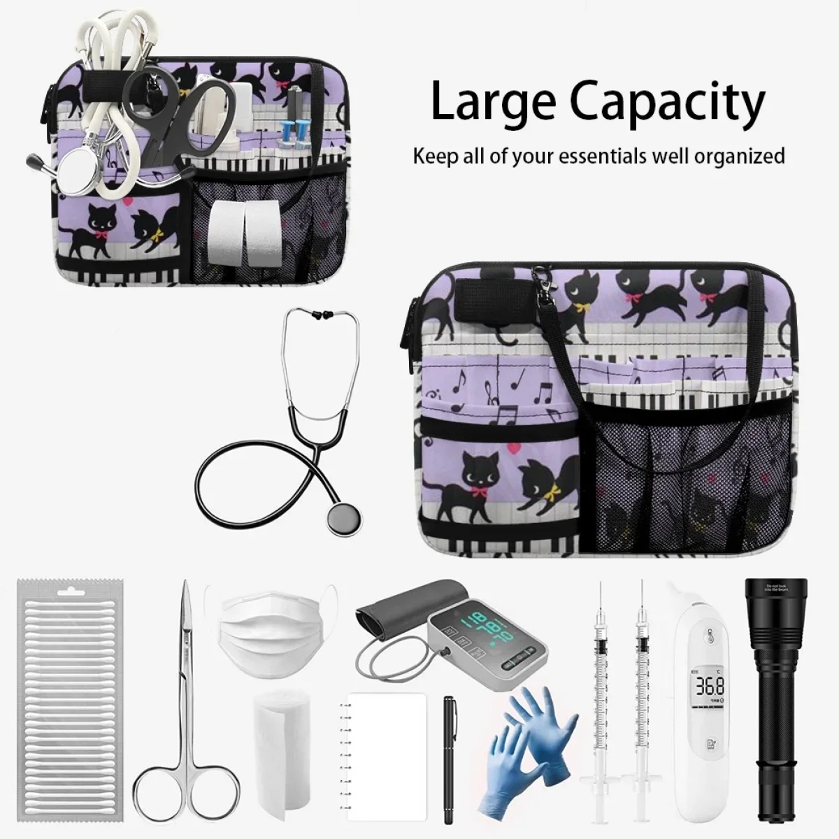 Music Piano Key Note Cat Design Portable Waist Bag Nurse Organizer Pouch Multi Compartment Utility Hip Bag Case bolsa feminina