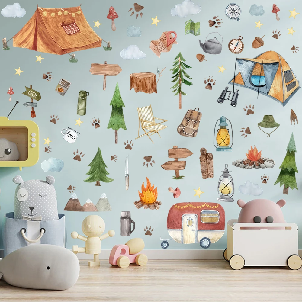 Camping Adventure Theme Wall Stickers Tent Camper Outdoor  RV Bonfire Camping  Wall Decals Bedroom Living Room Wall Decor
