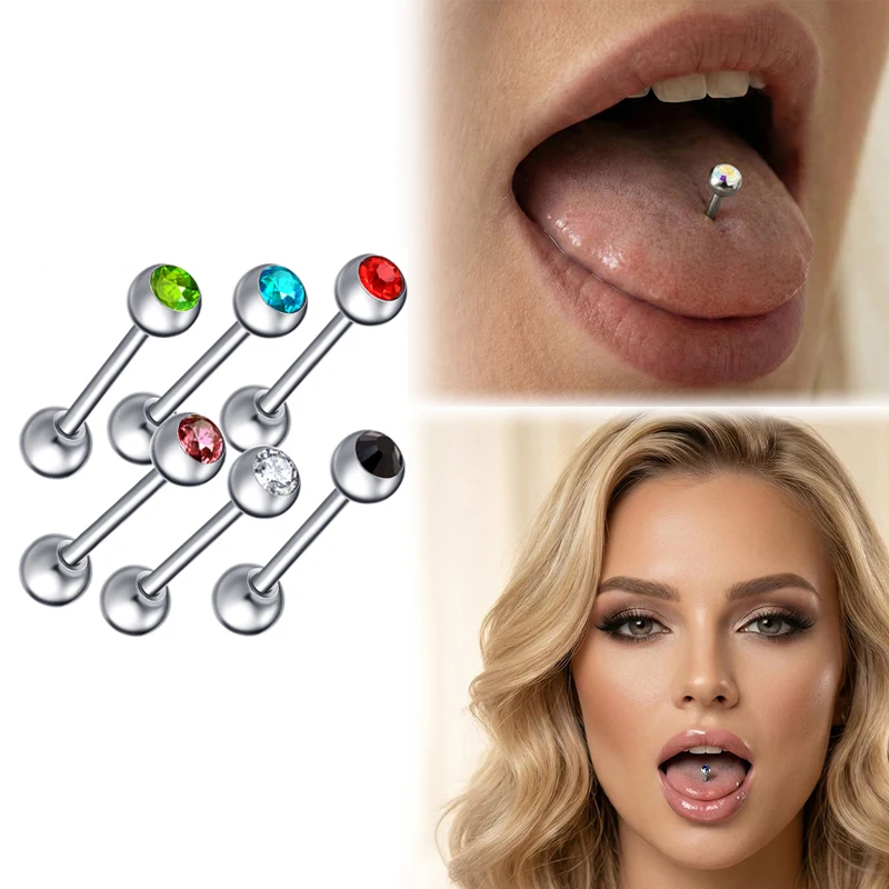 14G Surgical Steel Straight Barbell Tongue Ring Stud Cubic Zircon Cartilage Helix  Earring Ear Stud Stackable Piercing Jewelry