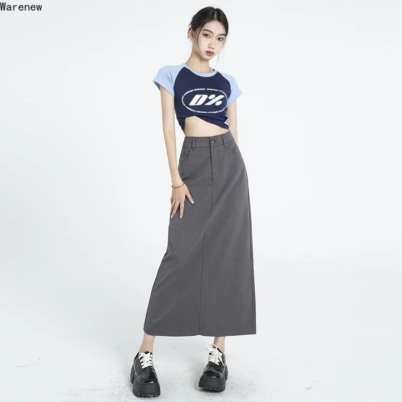 2023 Autumn Office Lady Korea Style Solid Color Soft Mid Long Skirts Women Vintage High Waist Loose Streetwear A-Line Suit Skirt