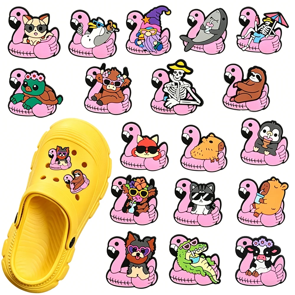 18pcs Cartoon Pink Flamingo Series PVC Shoes Accessories Fit With Hole Wristbands DIY Detachable Waterproof Party Gifts
