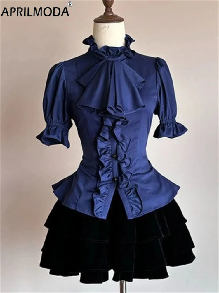 نفخة الأكمام اليابانية الفيكتوري القوطية لوليتا قمصان Y2k الجمالية الكشكشة القوس سليم بلوزة بلايز المرأة خمر أنيقة JK Blusas
