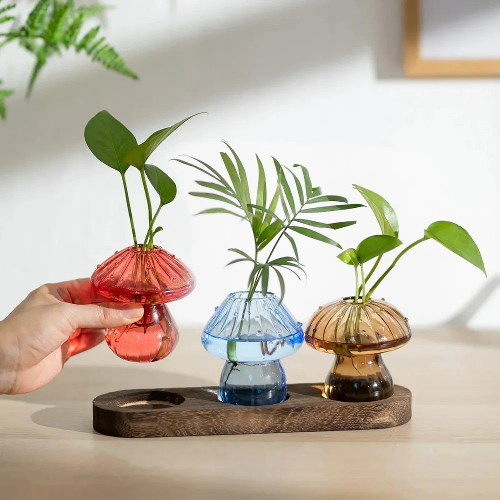 Mushroom Glass Planter Vase with Wooden Base Cute Indoor Greenery Plant Propagation Stations Flowers,Hydroponics & Home Decor