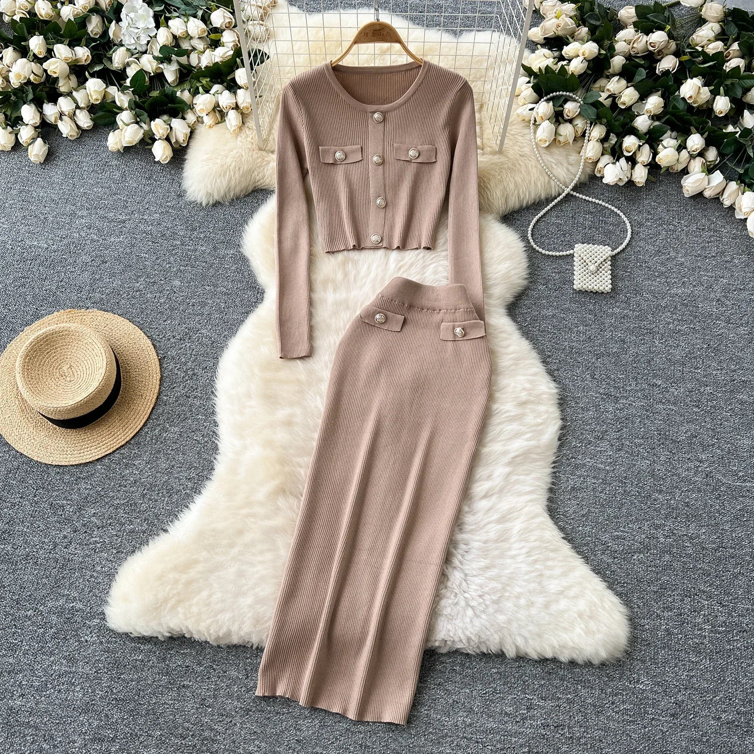 Chic Knit Women Two-Piece Sets Vintage O-neck Metal Buttons Top High Waist Skirt Korean Streetwear High Street Autumn Clothing