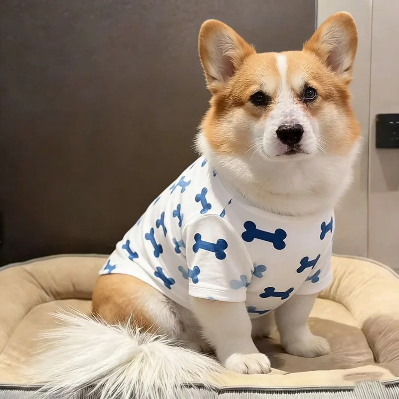 Cute Bone Print Dog T-shirt Soft Breathable Pet Clothes Summer Puppy Shirt For Small Medium Dogs Corgi Outfit