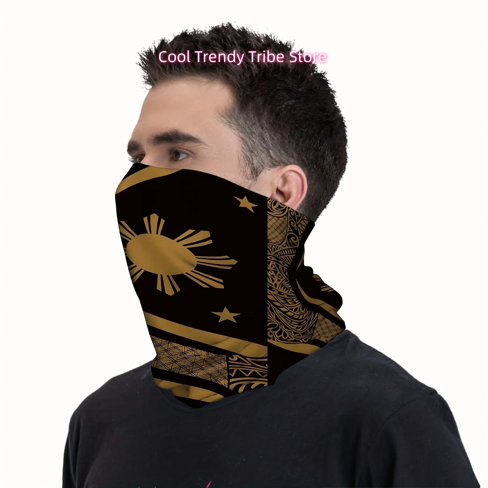 Golden Philippine Sun, Stars, Abstract Design Fun Design Multi Functional Print Scarf Men Women Unsix Mask Neck Mask Holiday Eve view 5