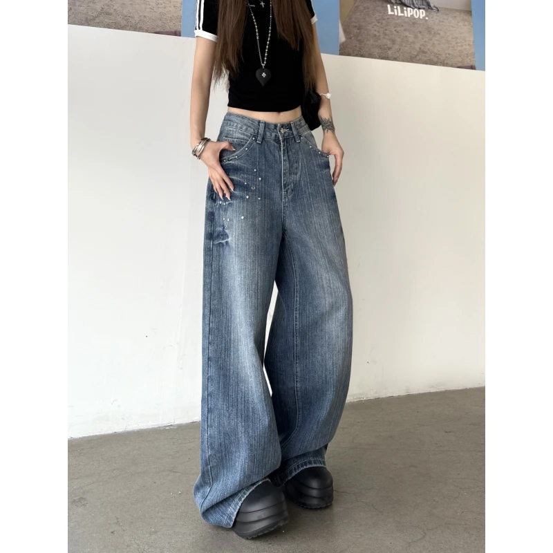 

Blue Jeans Rivet Women Vintage High Waisted Cargo Jeans Straight Summer Casual Loose Big Size Wide Leg Denim Baggy Pants Y2K