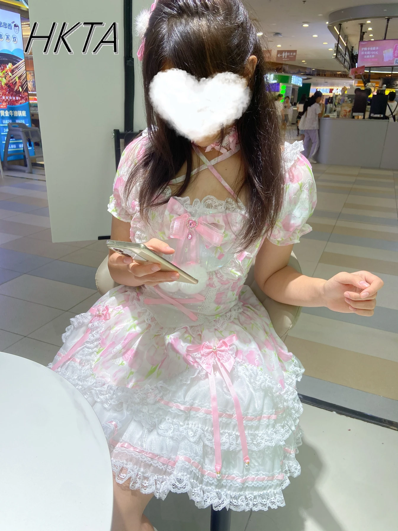 

Lolita Sweet Cute Slim Princess Dress Suits Women Bubble Short Sleeve Square Neck Slim Top Bow Flower Print Pink Birthday Skirt