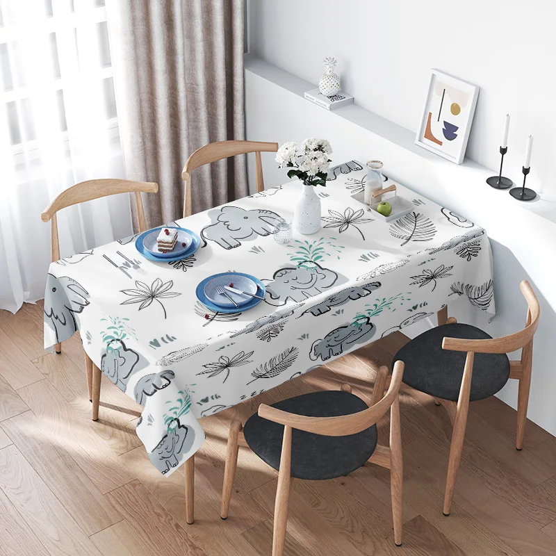 Modern Nordic Style Tablecloth Elephant Floral Print Decorative Home Textiles White Blue Green Leaves Dinner Kitchen Large Size