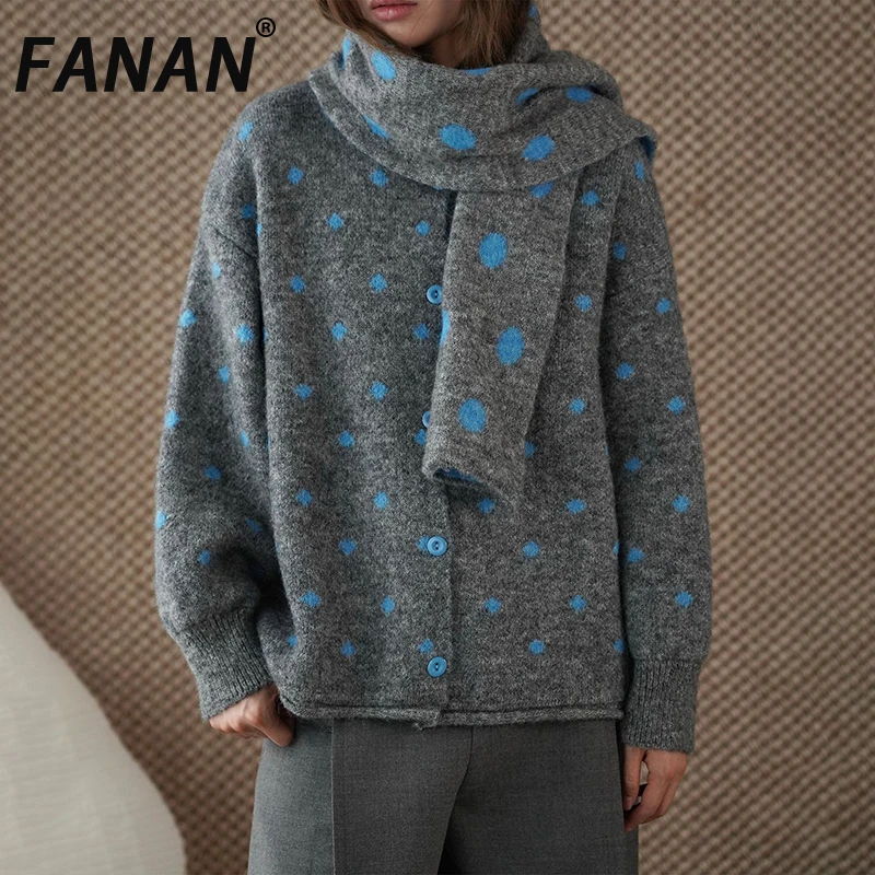 

FANAN винтажный дизайн с шарфом и воротником, вязаный кардиган, свитер для женщин, однобортный свободный топ с длинными рукавами, новинка зимы 2023 г.