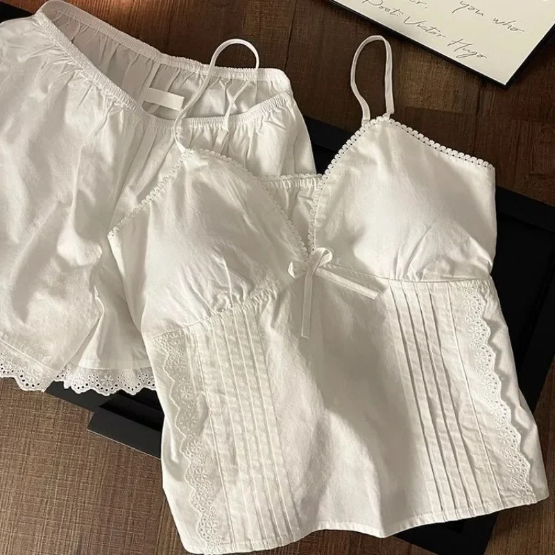 Lace Sleepwear Women Pajama Sets Spaghetti Strap Piiama Shorts Sets 2 Pieces Korean Night Wears Summer Cute White Home Suit 2025