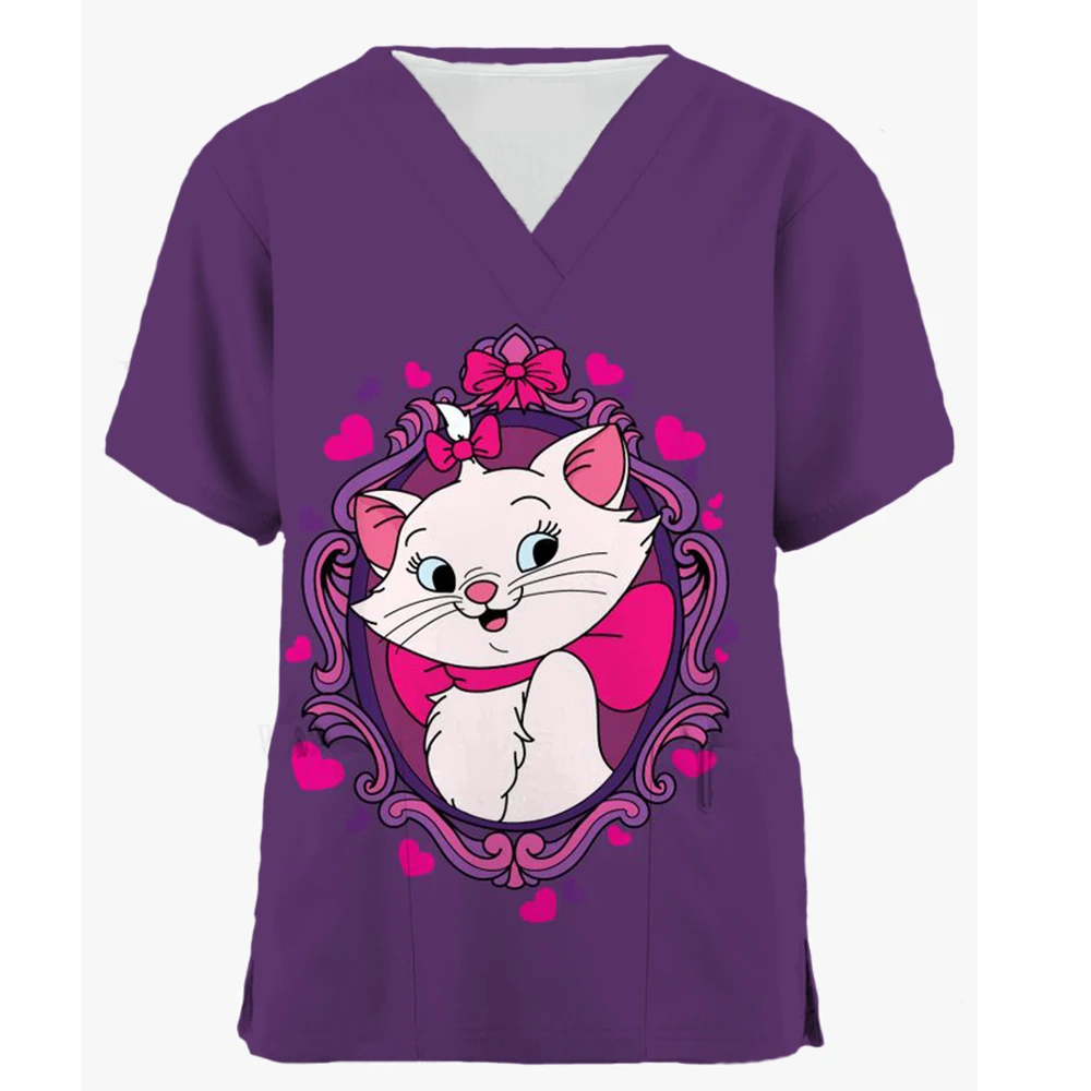 Summer Disney Mary Cat T shirts Women\'s Pocket Tee Girls Short Sleeve Hospital Wear V Neck Nurse Uniform T-shirt Cartoon Top