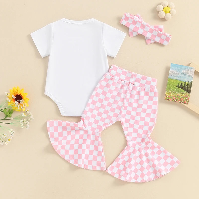 2024-03-09 Lioraitiin 0-18M Baby Girls Summer Outfit Short Sleeve Letters Print Romper with Plaid Flare Pants and Headband