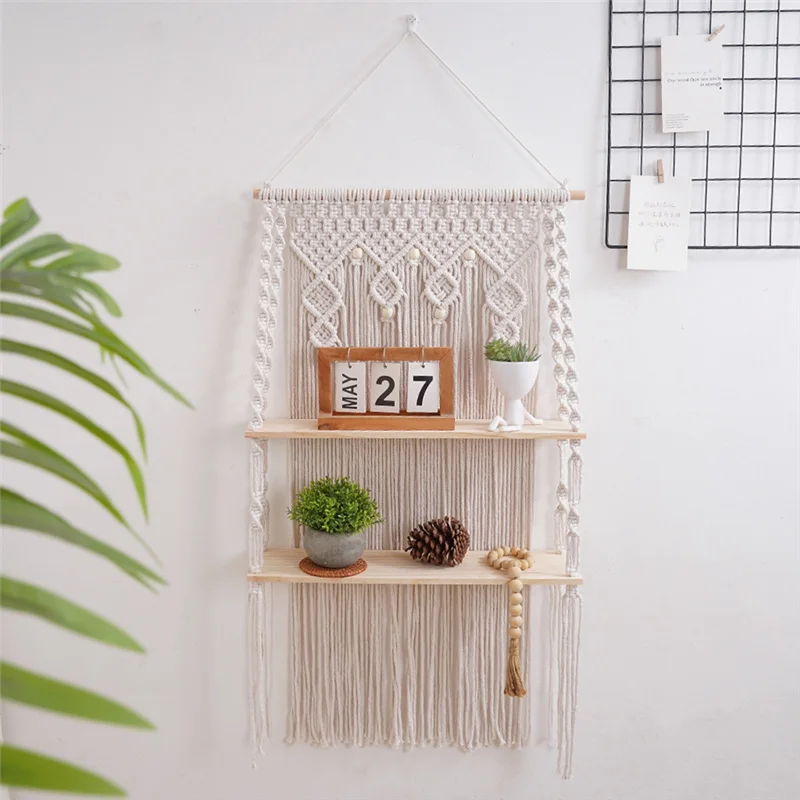 

TFORU-Wall Hanging Shelves Macrame Boho Floating Plant Photos Storage Rack Wood Shelf For Bedroom Living Room Bathroom