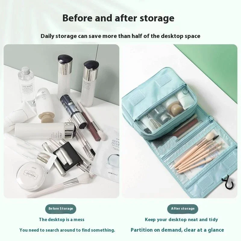 حقيبة مكياج للسفر بسعة كبيرة مقاومة للماء للجنسين مع خطاف تعليق مريح لتخزين مستحضرات التجميل