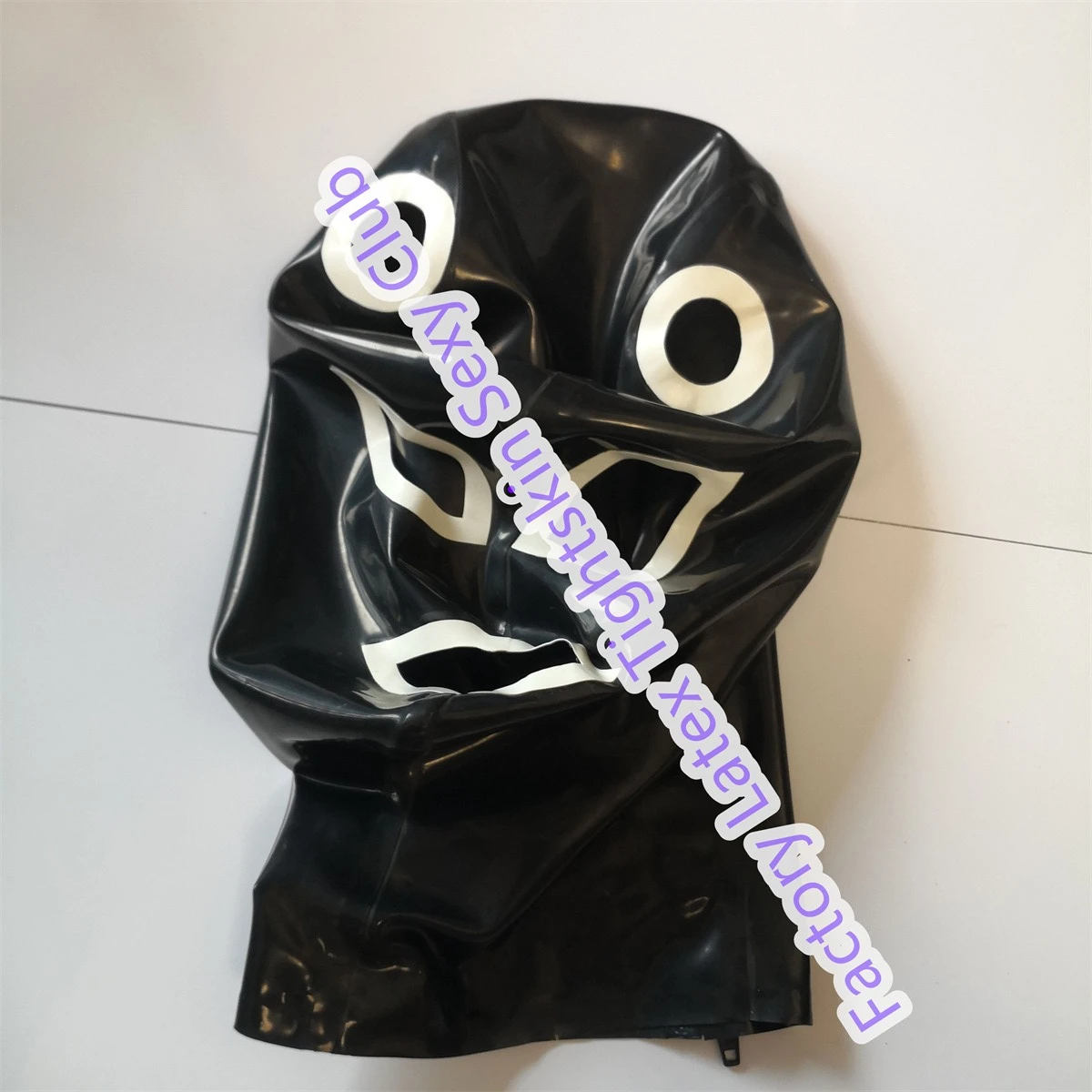 غطاء رأس من اللاتكس باللون الأسود مع فتحة شعر بيضاء وسحاب خلفي عيون مفتوحة للفم لقناع مطاطي لملابس النادي التنكرية #1