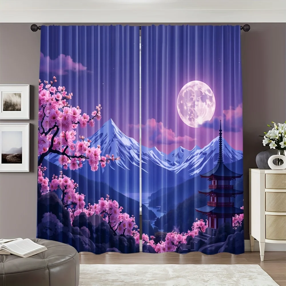 2pcs Japanese Landscape Curtains Fuji Mountain Moon Pagoda Print Drape Asian Style Window Treatment Zen Bedroom Home DecorPanels