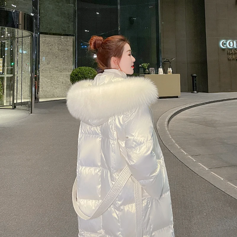 Abrigos de plumón de pato blanco 90% con cuello de piel de zorro Real para mujer, Chaqueta larga brillante para nieve, Parkas largas sueltas de