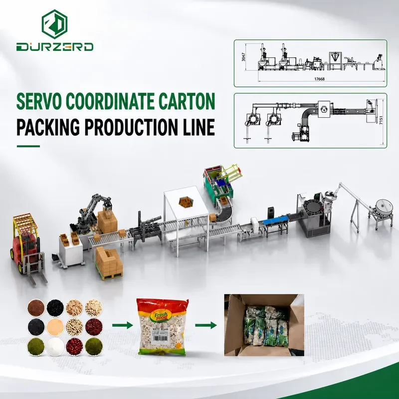 Load the bag into the carton packaging line, bag into the box packaging machine, automatic bag and box loading machine, Karl
