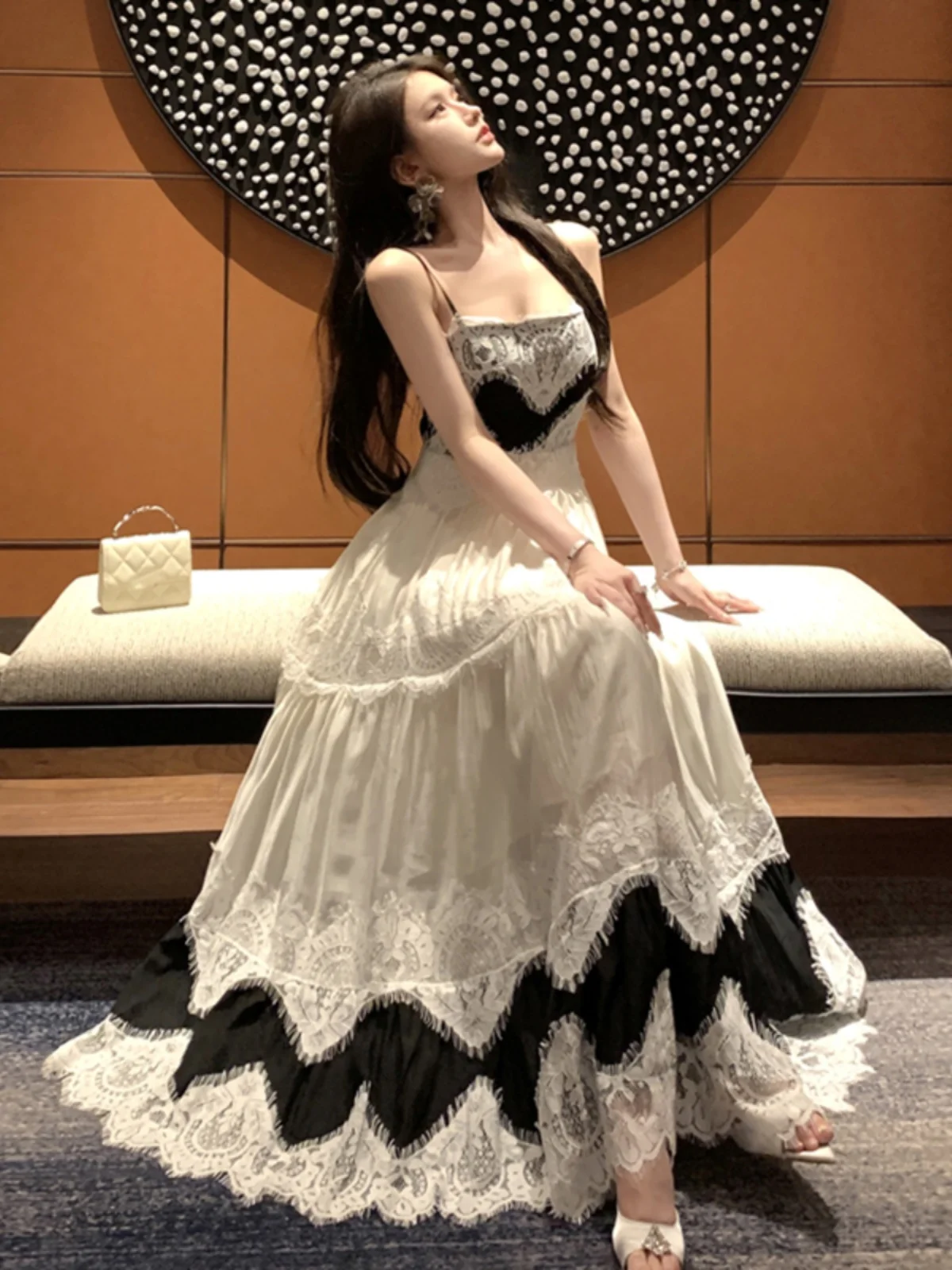 Francês retro renda emendada sem mangas camisola em camadas saias babados para mulher fino-ajuste estilo princesa grande balanço a linha vestido