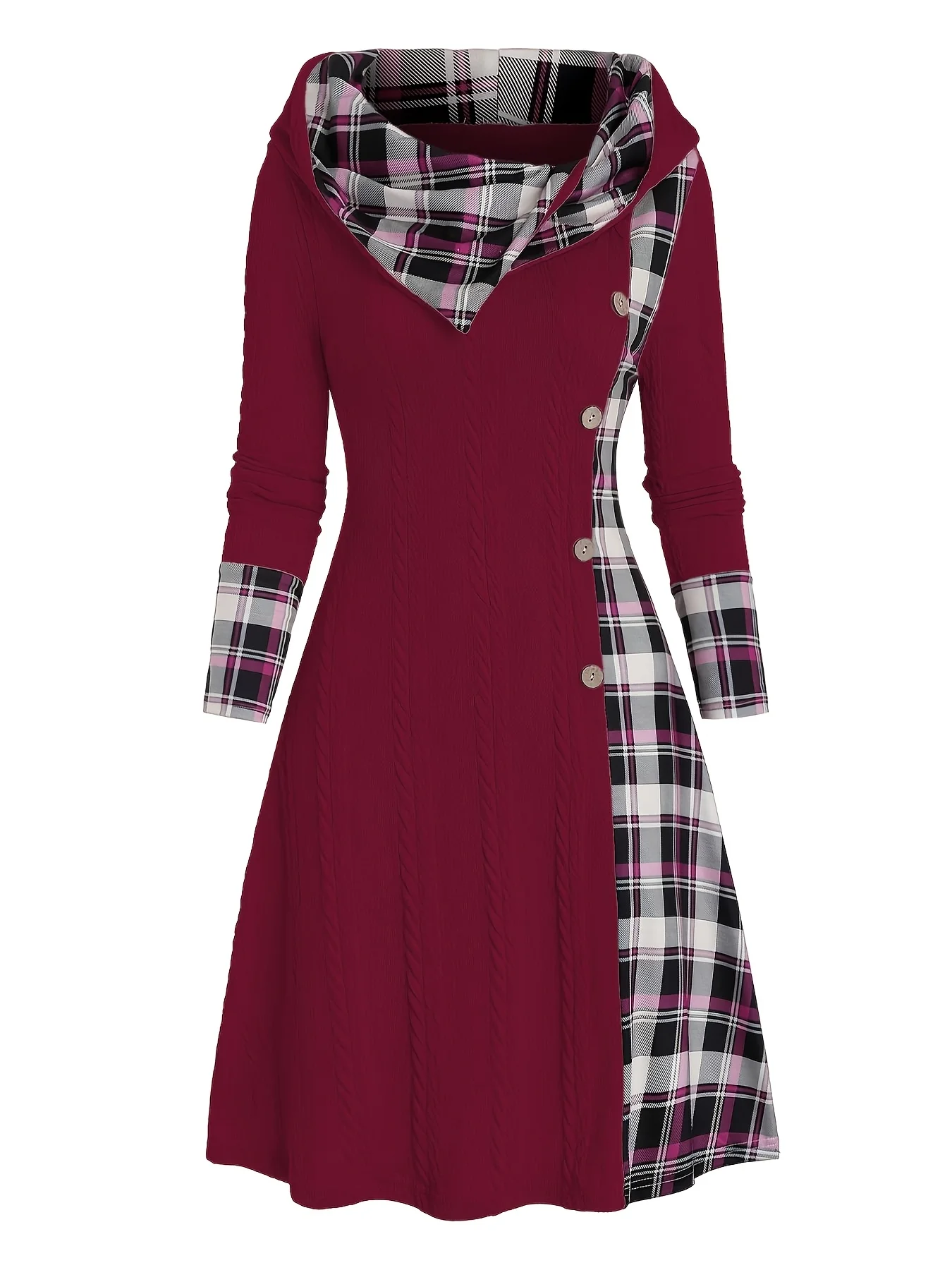 Damen-Kleid mit Karomuster, Kapuze, hoher Taille, A-Linie, lange Ärmel, aus Strick, mit dekorativer Schnallendetail. – Detail 16