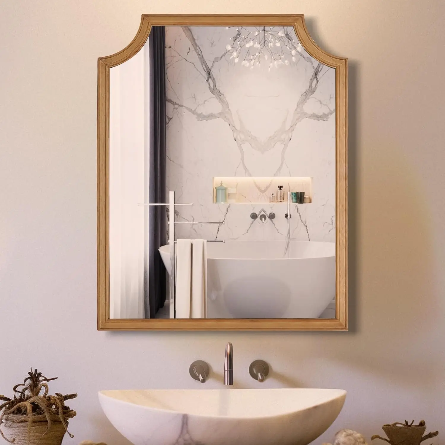 彫刻された木製フレームの鏡、16x20インチ、バスルームの化粧台や小さなスペースの壁の装飾に最適、廊下、寝室、リビングに最適