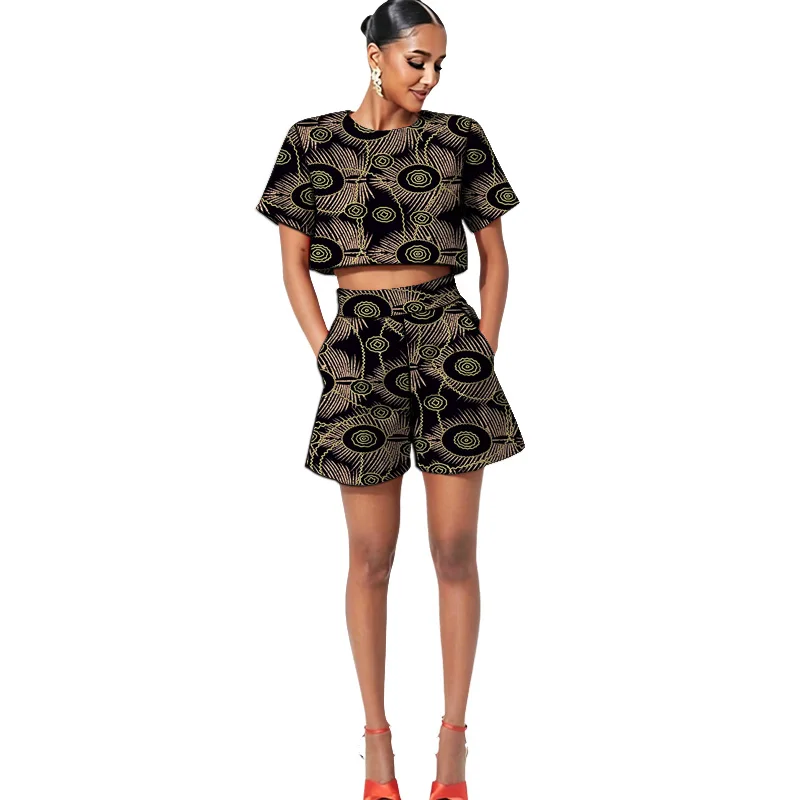 

Women's Set African Couture Print Collarless Tops Vintage Style Mini Blouses+Shorts Summer Ankara Outfit Customized