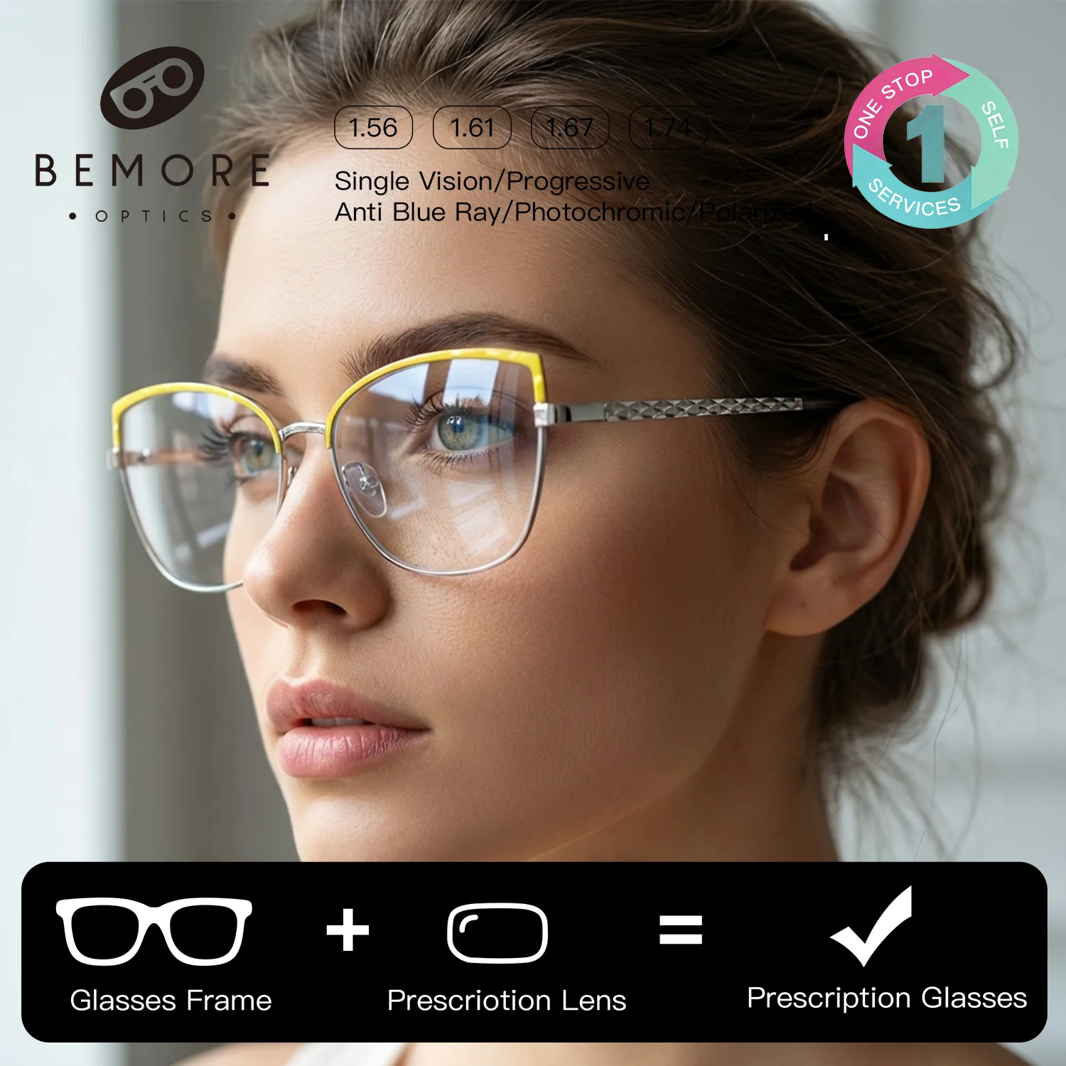 

BEMORE Cat Eye Optical Lenses with Recipe Progressive Eyeglasses Butterfly Anti-Blue Ray Photochromic Grey Prescription Eyewear