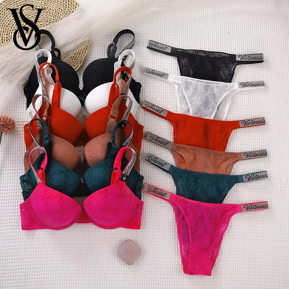 Victoria Secret Very Sexy Logo Shine Strap Embossed Lace Push Up Bra Shine Script Thong Panty Set Women Lingerie Hot