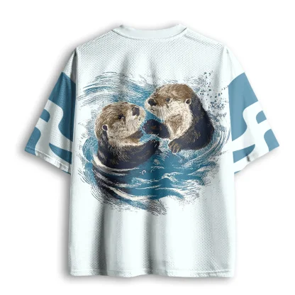 Vintage Two Sea Otters Water Print Men V Neck Mesh Jersey Cute Animal Short Sleeve Football Tee