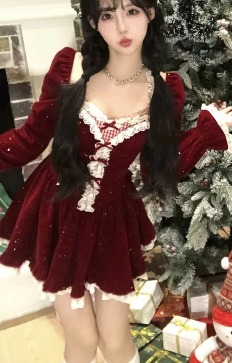 Autumn Winter Large Size Girl French Sweet Girl Christmas Dress Elegant Square Neck Long Sleeves High Waist Age-reducing Dresses