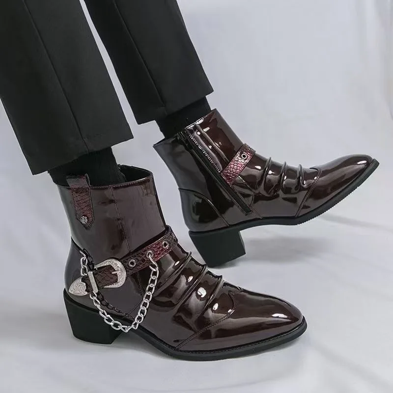 Sharp Pointed Men's Leather Boots Korean Version Trendy Patent Leather Nightclub Stage Men's Boots Fashionable High Top Boots