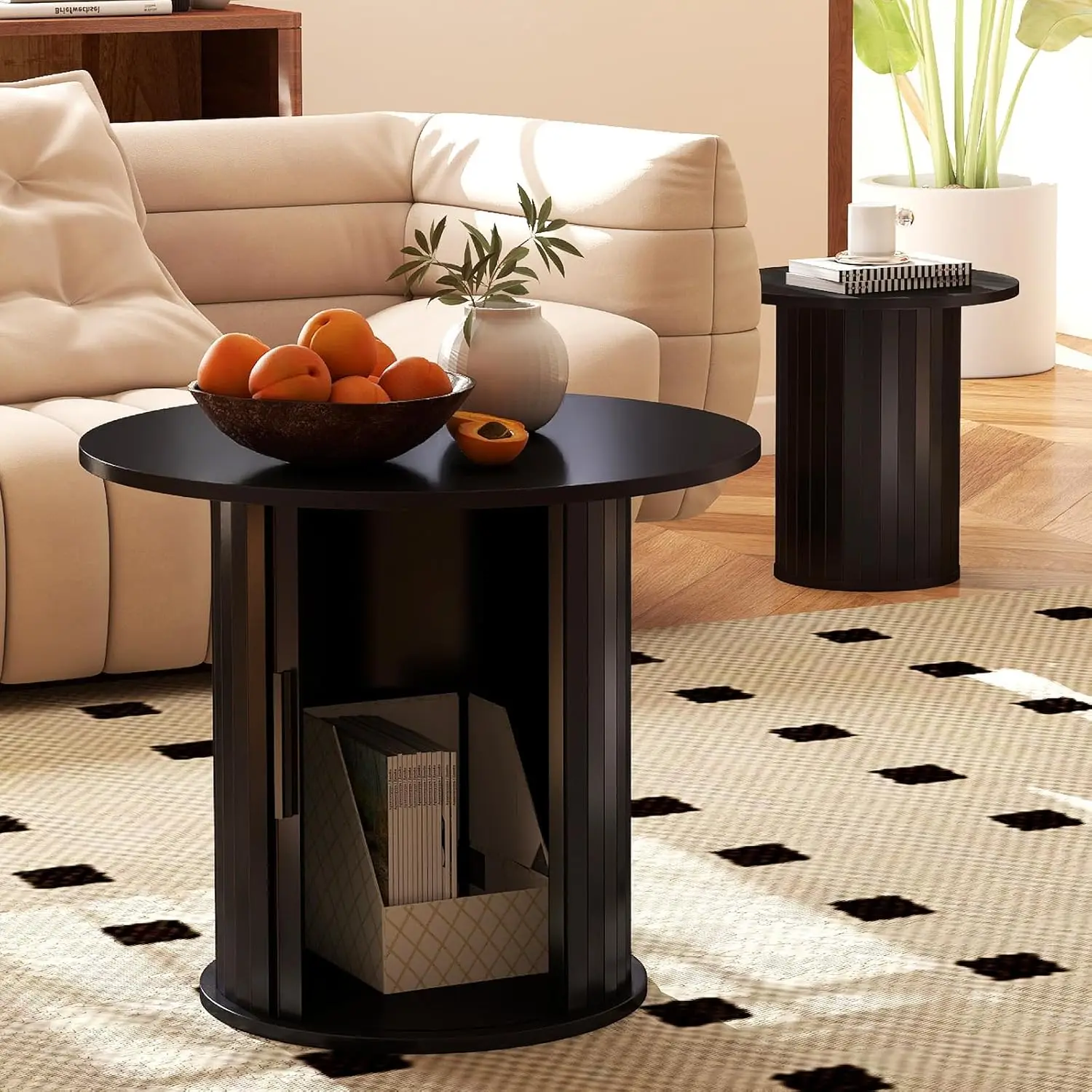 طاولة قهوة خشبية مستديرة مقاس 23.6 بوصة مع مساحة تخزين مخفية وباب منزلق، مجموعات طاولات جانبية للمزرعة الدائرية لغرفة المعيشة وغرفة النوم، Ba