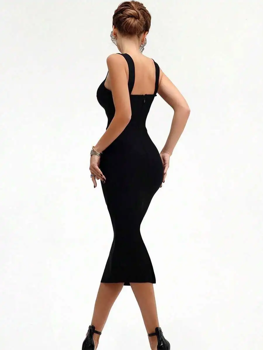 

Womens Black Midi Bodycon Bandage Dress Sleeveless Sexy Elegant Party Cocktail Evening Dress