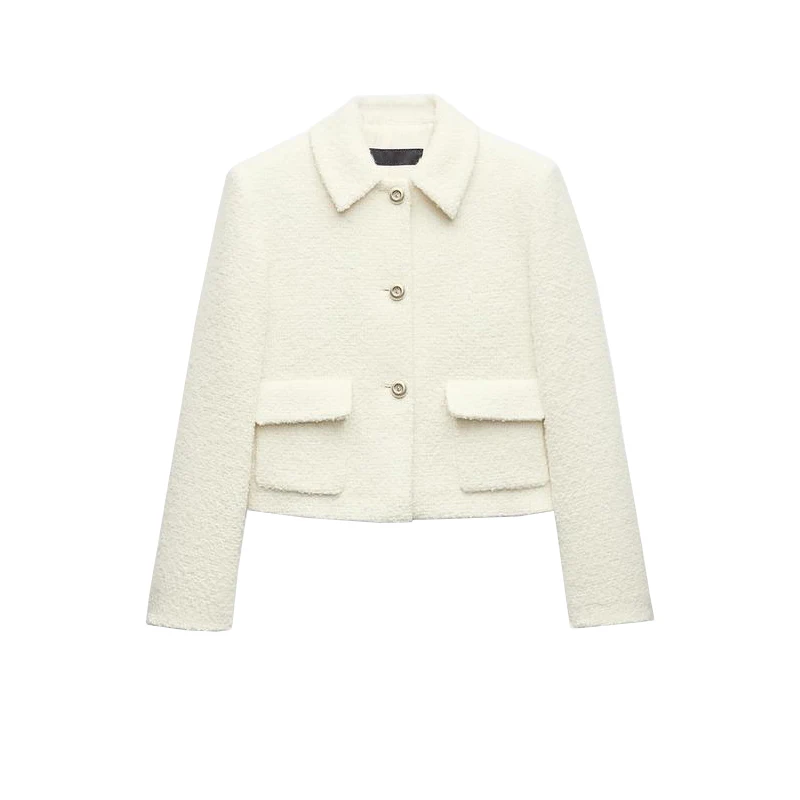 جاكيت نسائي صوفي جديد لموسم الربيع بتصميم عصري بسيط وأنيق بأكمام طويلة ولون واحد مع تفاصيل الأزرار