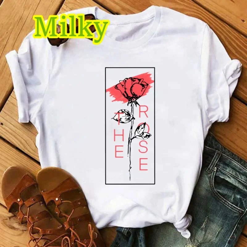 Kpop The Rose Band T-Shirt Korean Music Funny Graphics Y2K Tops Summer Tee Shirt Harajuku Casual Print Fashion Women T Shirt