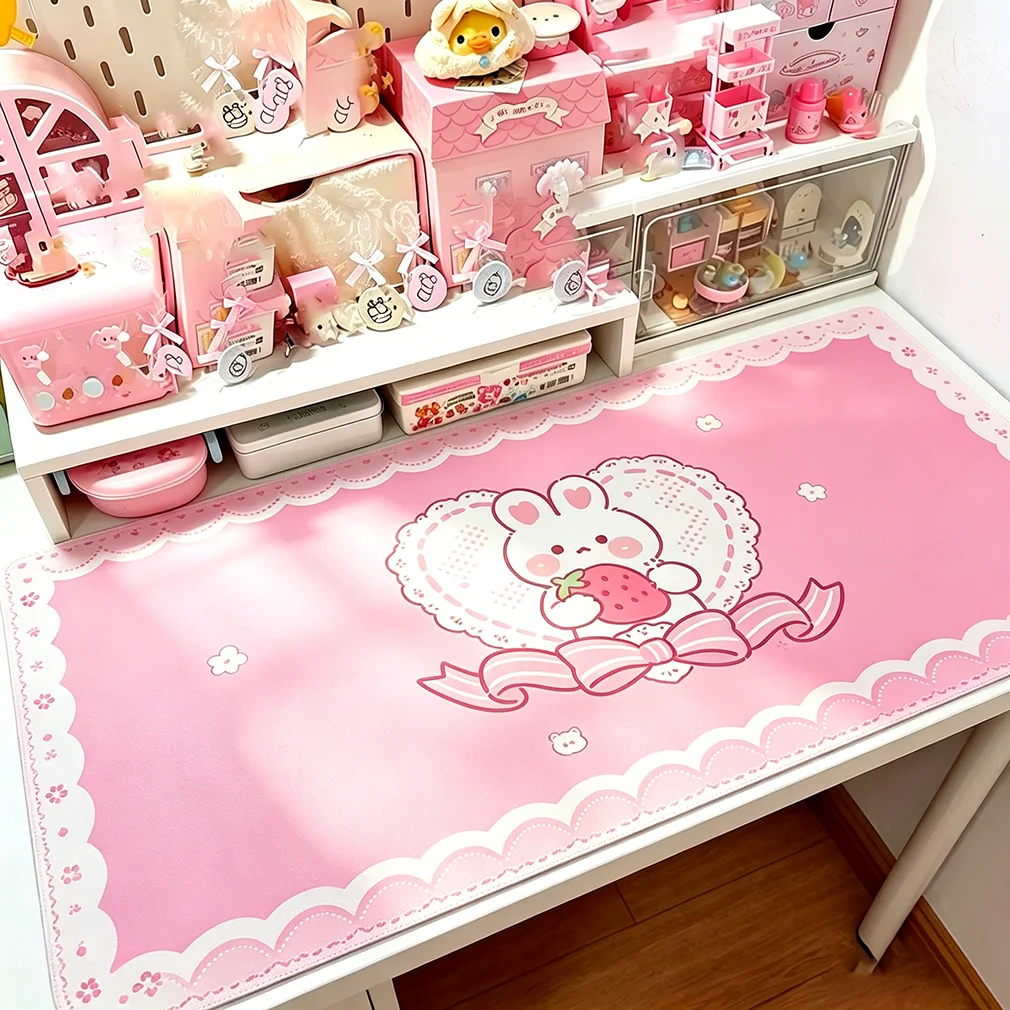 Leather Desk Pad Protector Love Bunny Strawberry Pink Bow Flower ins Y2k Mouse Pad Office Desk Mat Non-Slip PU Desk Blotter Pad