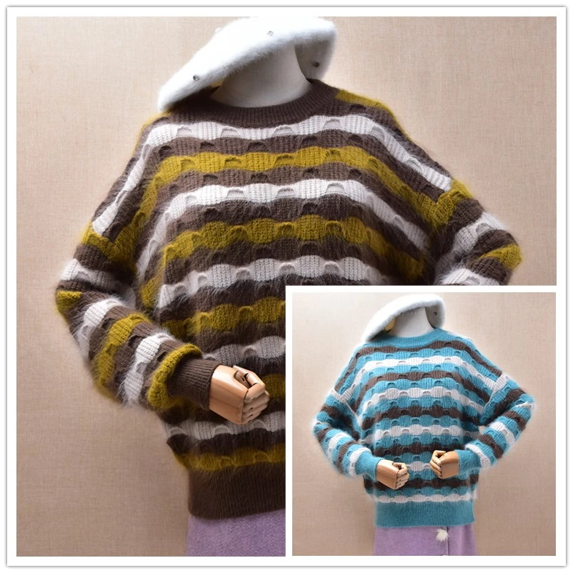 

Ladies Women Fall Winter Fashion Hand Knitted Jacquard Angora Rabbit Hair Knitted O-Neck Long Sleeves Loose Pullover Sweater Top