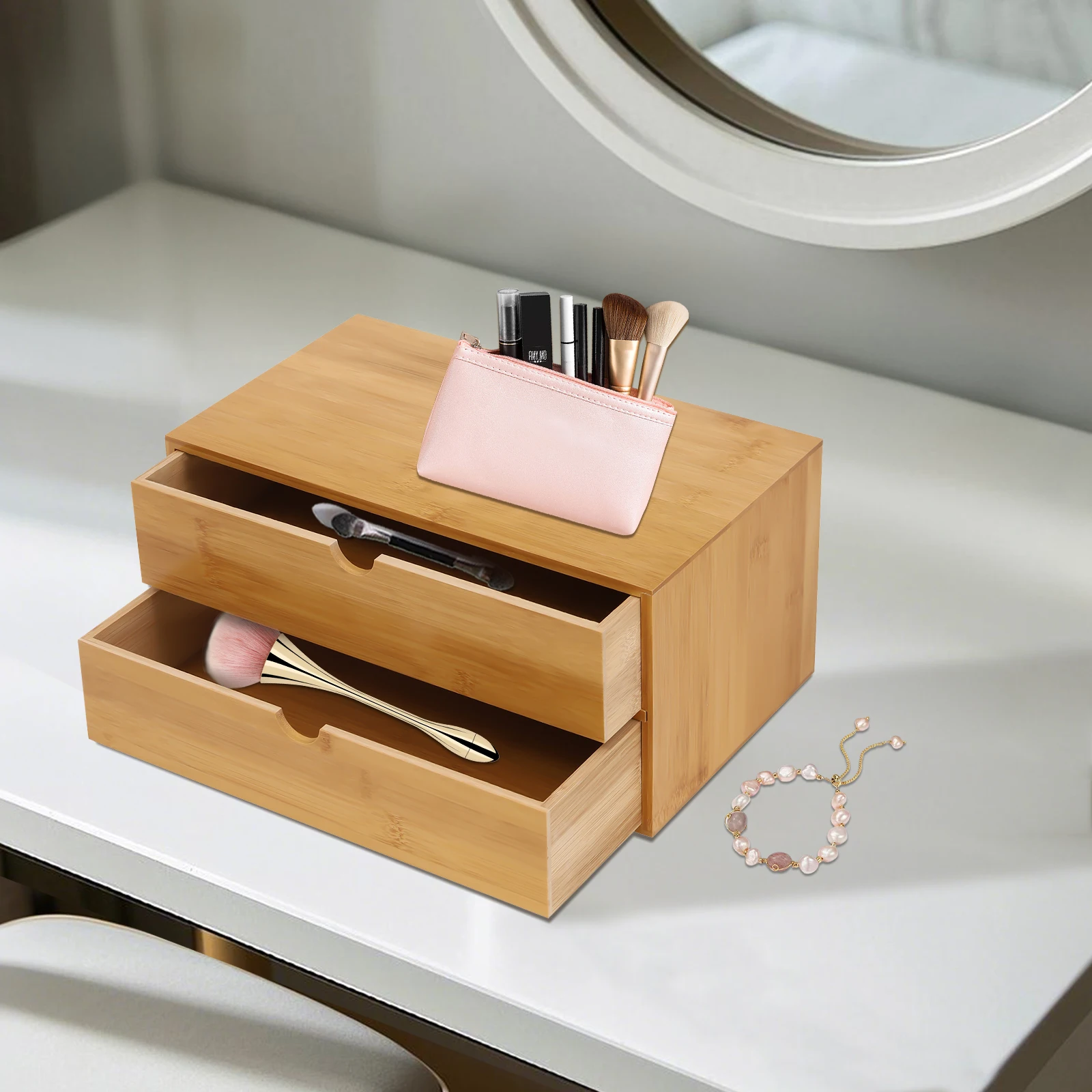 

Бамбуковый органайзер для ящиков стола, настольный органайзер с 2 ящиками и ящиками Настольный ящик для хранения, сборка не требуется