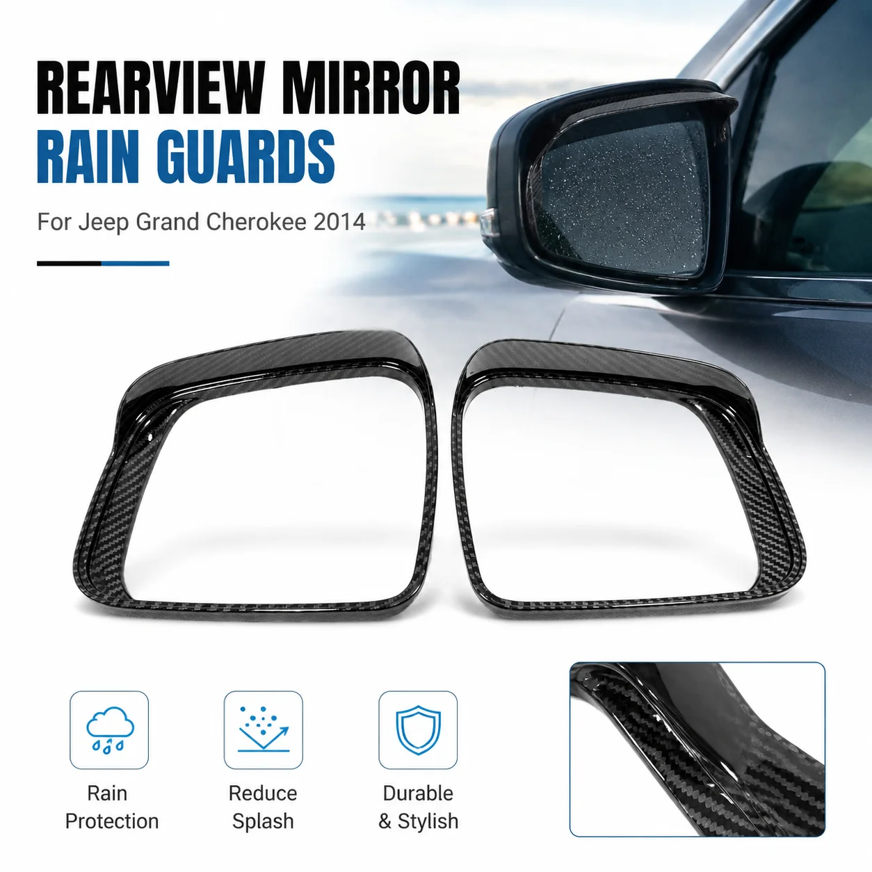 2x Rearview Mirror Rain Guards for Jeep Grand Cherokee 2014 Carbon Fiber Texture