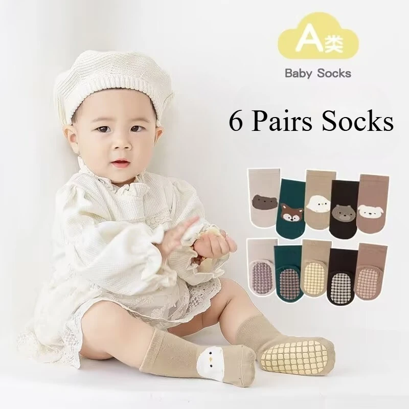 6 Paar rutschfeste Kindersocken mit niedlichem Cartoon-Fuchs-Bär-Muster, Kinder-Bodensocken, weiche und atmungsaktive Innensocken für Kleinkinder