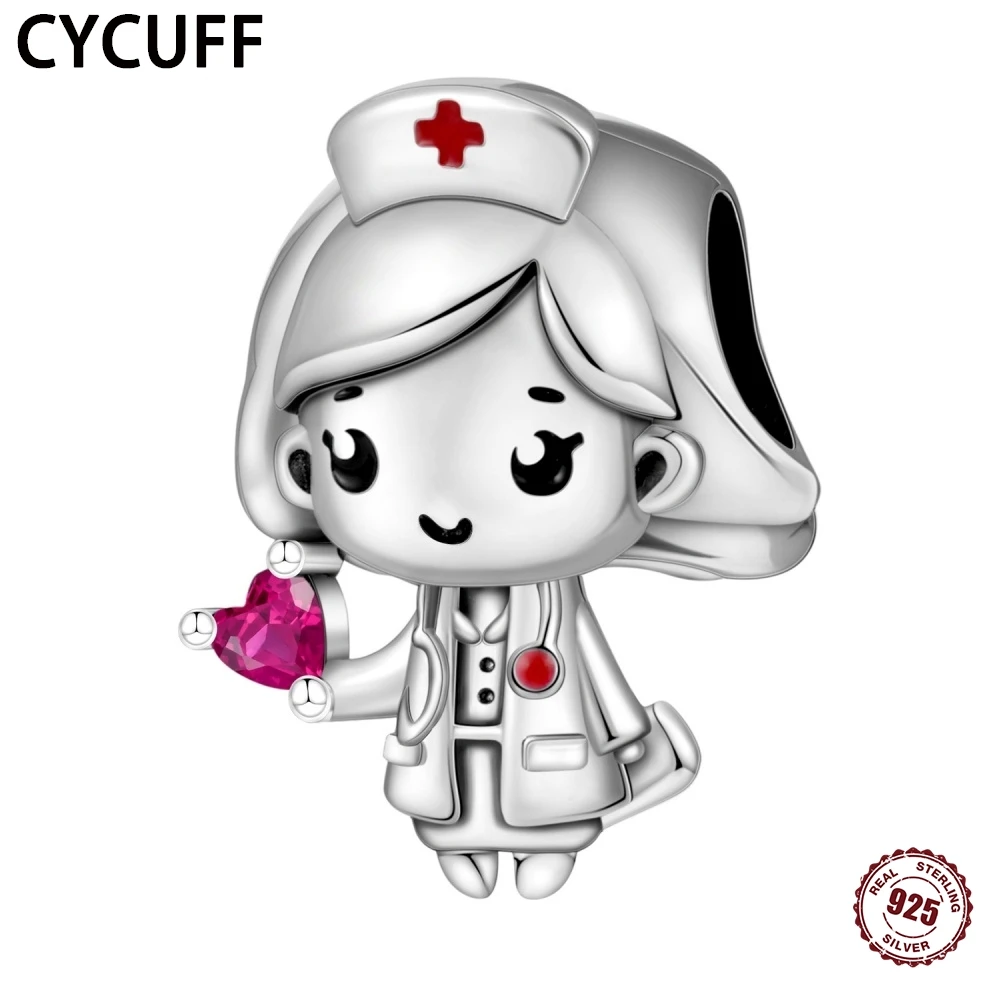 CYCUFF 100% 925 Sterling Silver Nurse Character Love Beads Women Bracelets Charms Jewelry Birthday Party Accessories Trend 2025