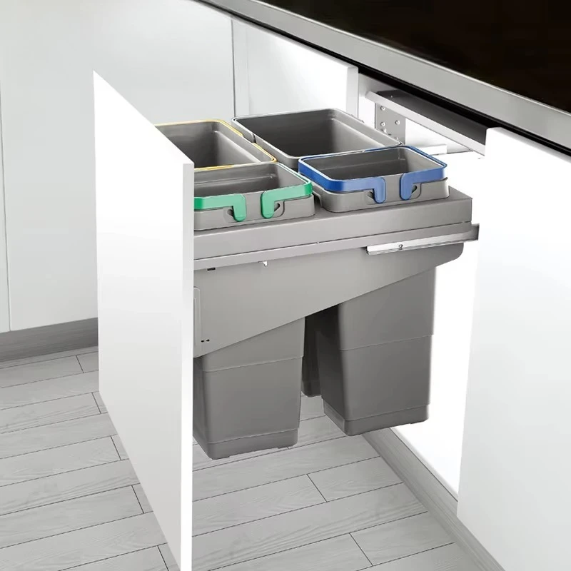 سلة مهملات المطبخ، سلة مهملات مدمجة، منزلقة مخفية ناعمة، سحب سلة مهملات أسفل الخزانة #6